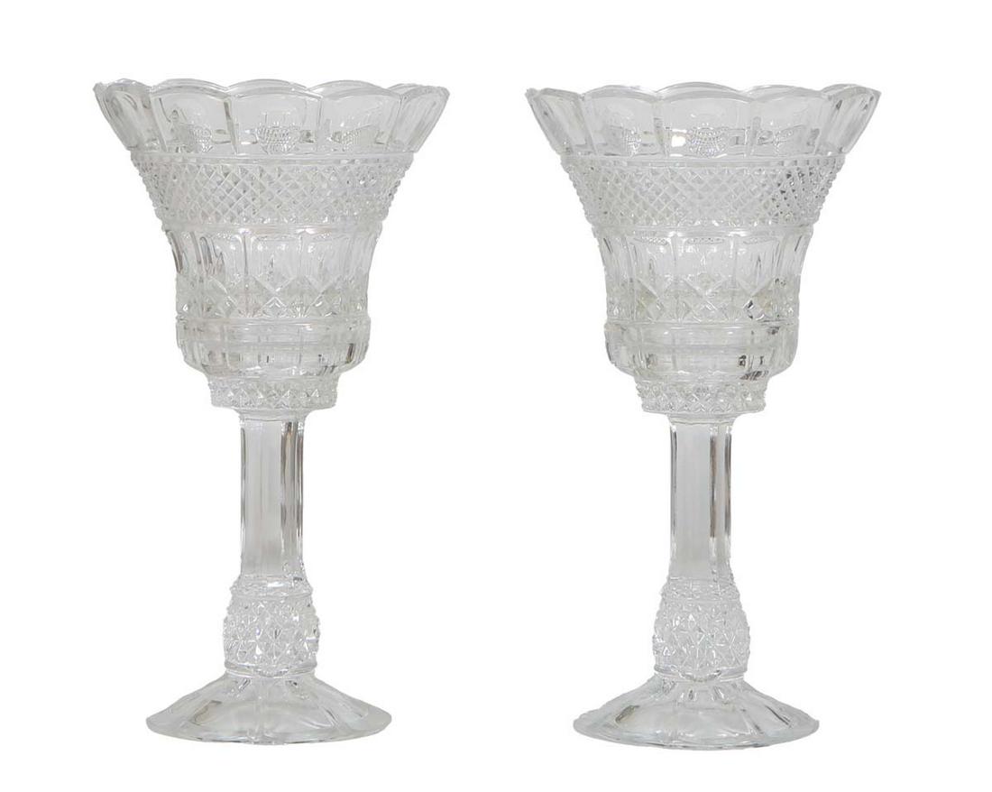Pair of Shannon Cut Crystal Bell Form Stemmed Vases, 20th c., the inverted bell with a scalloped (1 of 1)