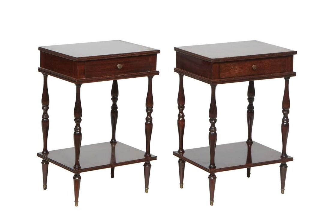 Pair of Louis XVI Style Carved Walnut Nightstands, 20th c., the rectangular top over a frieze: Pair of Louis XVI Style Carved Walnut Nightstands, 20th c., the rectangular top over a frieze drawer, on turned tapered supports, to a bottom shelf, on reeded tapered cylindrical legs, H.- 25 1/2 in.,