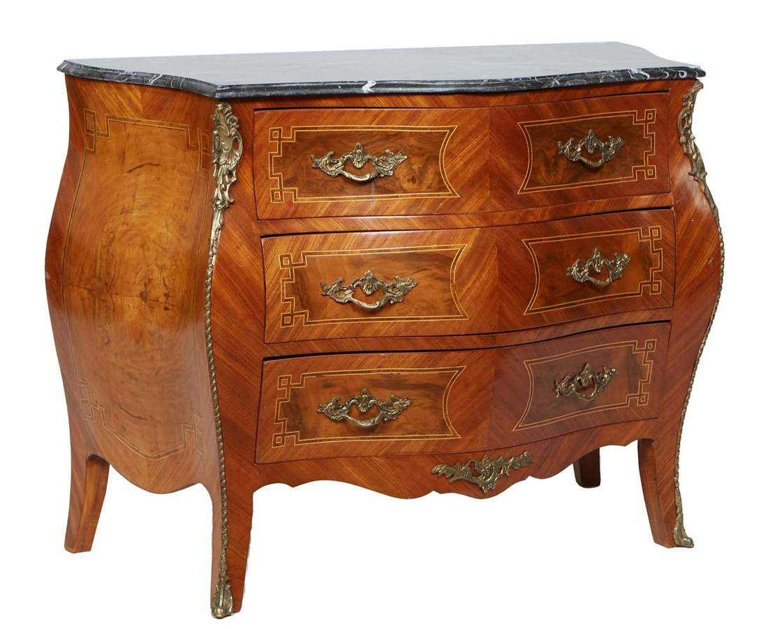 French Inlaid Walnut Louis XV Style Ormolu Mounted Marble Top Bombe Commode, 20th c. the highly (1 of 1)