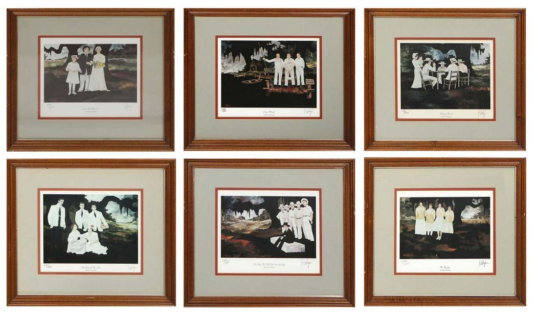 George Rodrigue (American/New Orleans, 1944-2014), Six Framed Prints from the Cajun series, "We: George Rodrigue (American/New Orleans, 1944-2014), Six Framed Prints from the Cajun series, "We Together," "Playing Borré," "Cajun Warf," "Let's Get Married," "The Day We Told Lee Coon Goodbye," "The