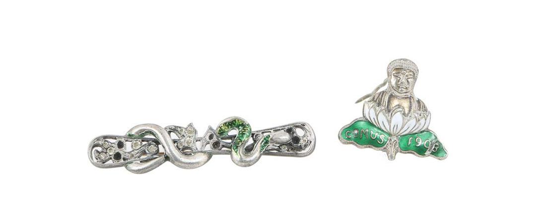 Mardi Gras- Two Mistick Krewe of Comus Enameled Sterling Silver Ball Favor Brooches, one 1903, theme (1 of 1)