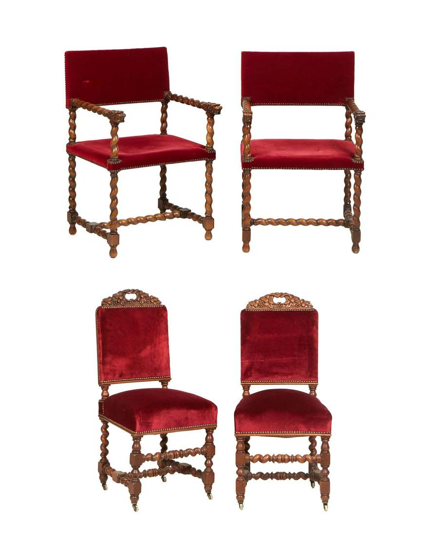 Two Pair of Louis XIII Style Carved Chairs, consisting of a pair of beech fauteuils, the canted: Two Pair of Louis XIII Style Carved Chairs, consisting of a pair of beech fauteuils, the canted upholstered back over dragon head arm terminals, flanking a cushioned seat, on rope twist legs joined by