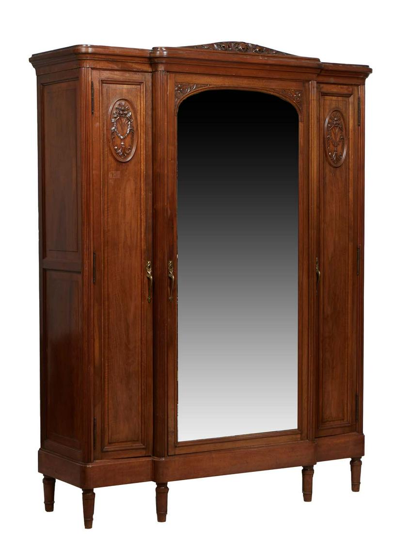 French Provincial Louis XVI Style Carved Walnut Armoire, 20th c., the stepped arched crown with a (1 of 8)