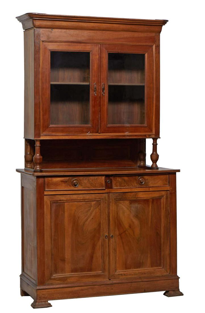 French Provincial Louis Philippe Carved Walnut Buffet a Deux Corps, 19th c., the stepped rounded (1 of 1)