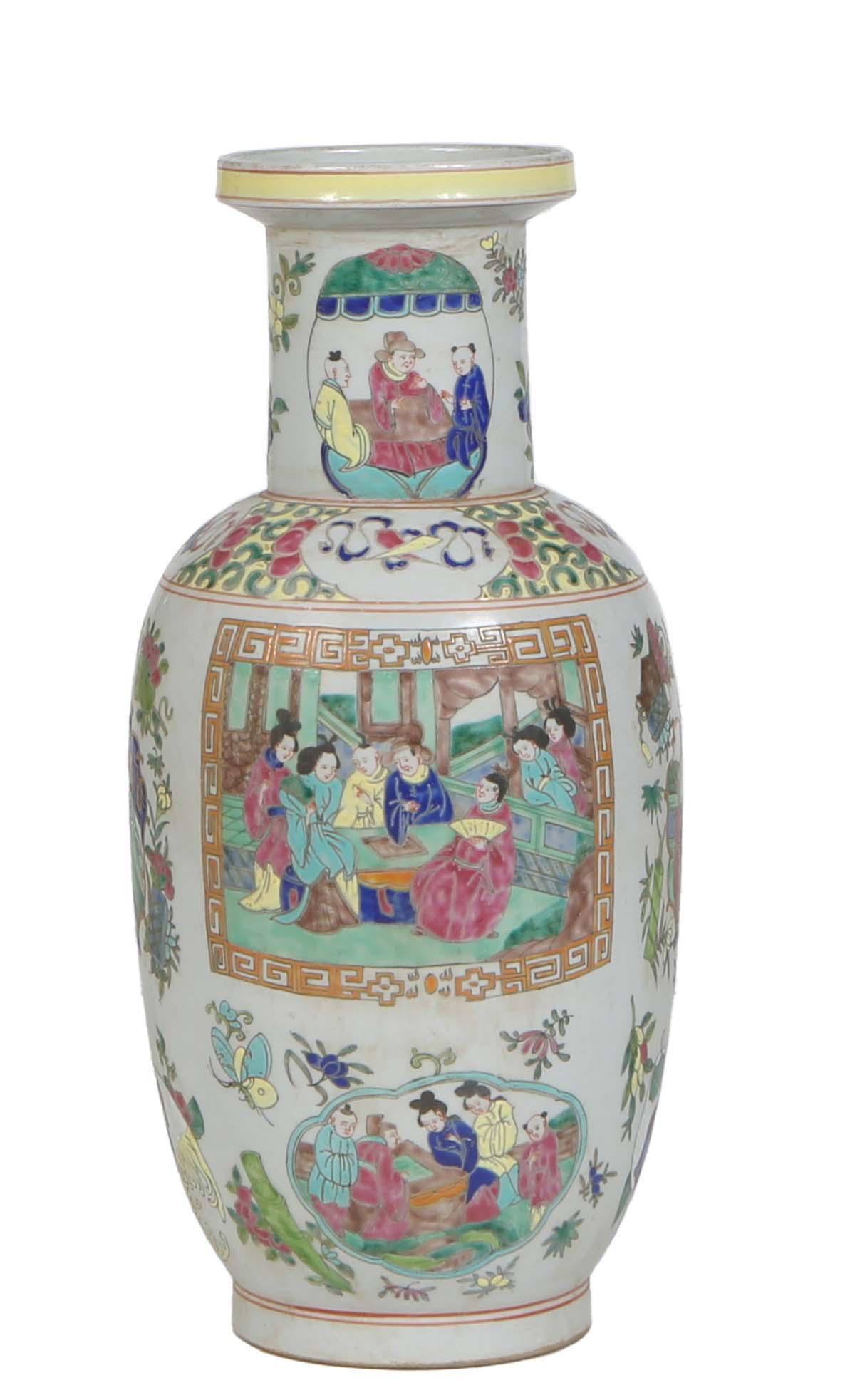 Chinese Porcelain Baluster Vase, 20th c., with figural interior scenes and landscape decoration, the (1 of 3)