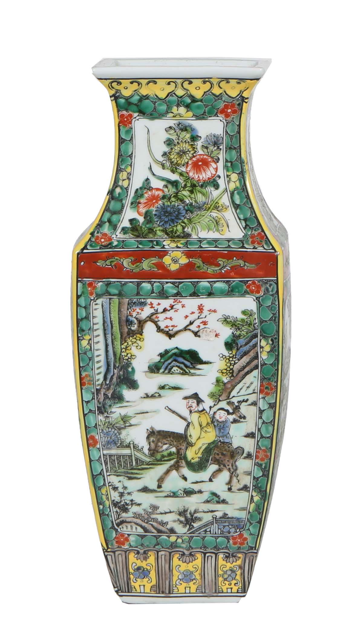 Chinese Porcelain Square Baluster Vase, 20th c., the tapered neck over landscape and equestrian: Chinese Porcelain Square Baluster Vase, 20th c., the tapered neck over landscape and equestrian panel decoration, on a white ground, the underside with a six character underglaze mark, H.- 16 3.4 in.,
