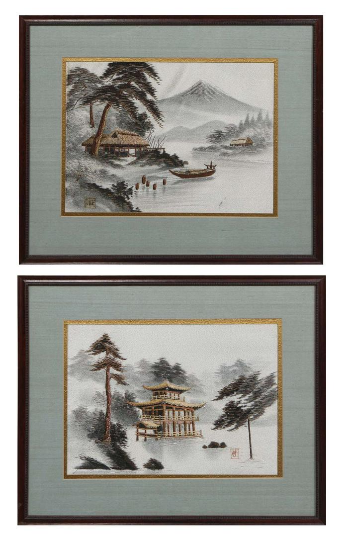 Pair of Japanese Silk Embroideries, both presented in matching teal and gold matting and wood: Pair of Japanese Silk Embroideries, both presented in matching teal and gold matting and wood frames, H.- 8 1/4 in., W.- 11 1/2 in., Framed H.- 13 7/8 in., W.- 16 7/8 in. (2 Pcs.)