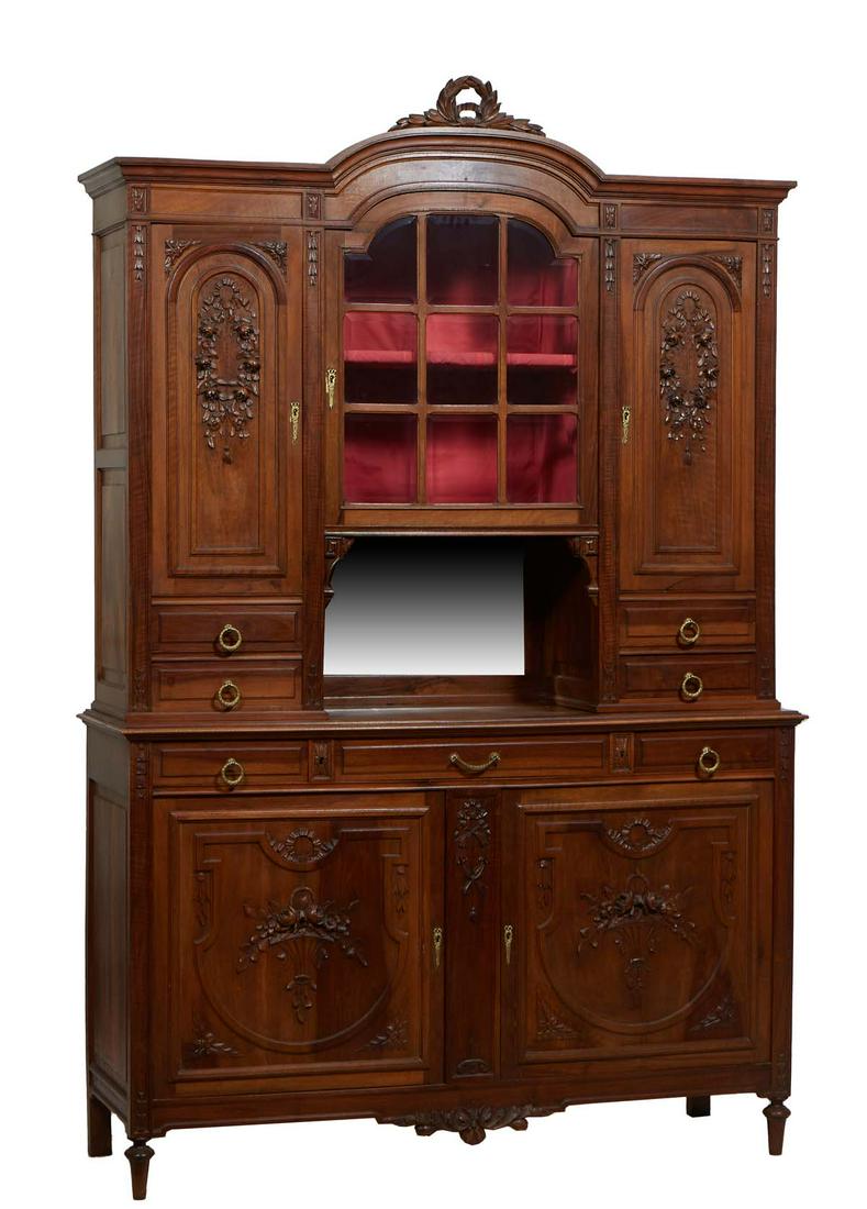 French Louis XVI Style Carved Walnut Buffet Deux Corps, early 20th c., the arched stepped crown with (1 of 1)