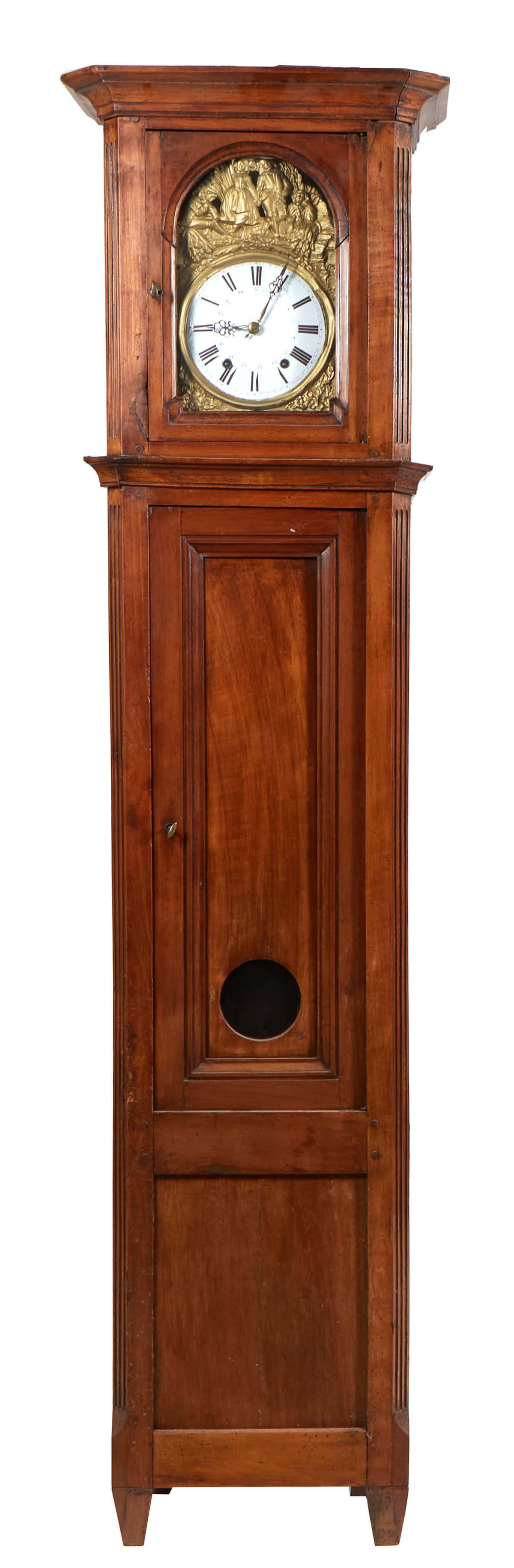 French Provincial Carved Cherry Tallcase Calendar Clock, 19th c., the stepped canted crown over an (1 of 1)