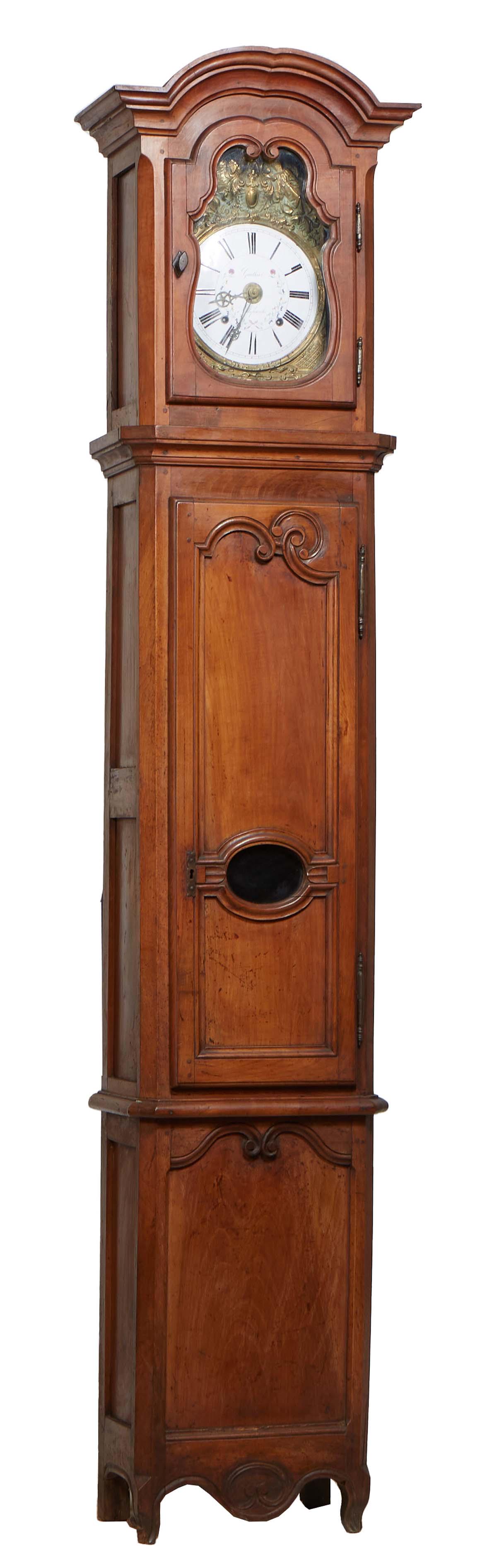 French Provincial Carved Cherry Tallcase Clock, 19th c., the stepped arched crown over an arched (1 of 1)
