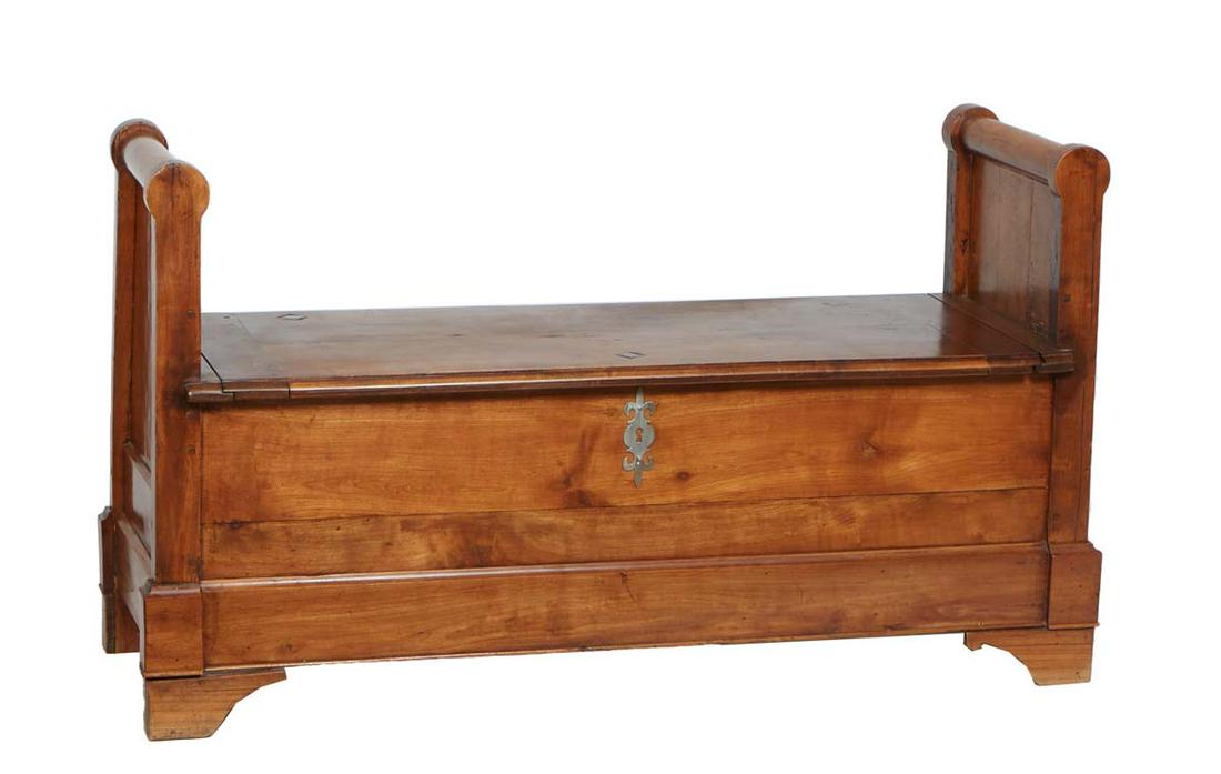 French Louis Philippe Carved Walnut Bench, 19th c., with rolling pin arms flanking a lifting lid (1 of 2)