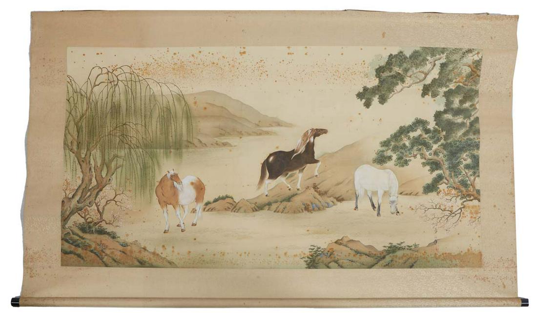 Japenese School, "Landscape with Wild Horses Scroll," hand-painted watercolor on paper, signed and (1 of 2)