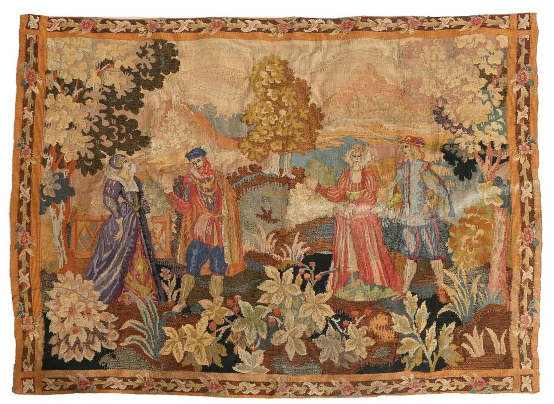 French Tapestry, late 19th c., depicting two pair of noble couples in a wooded landscape, 3' 4 x 4' (1 of 1)