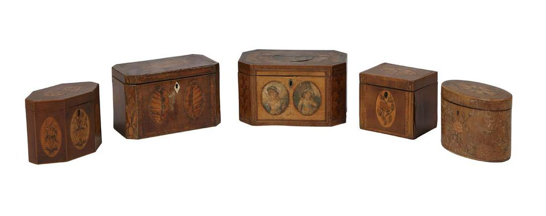 Group of Five English Inlaid Mahogany Tea Caddies, 19th c., three of octagonal form, one rectangular (1 of 9)