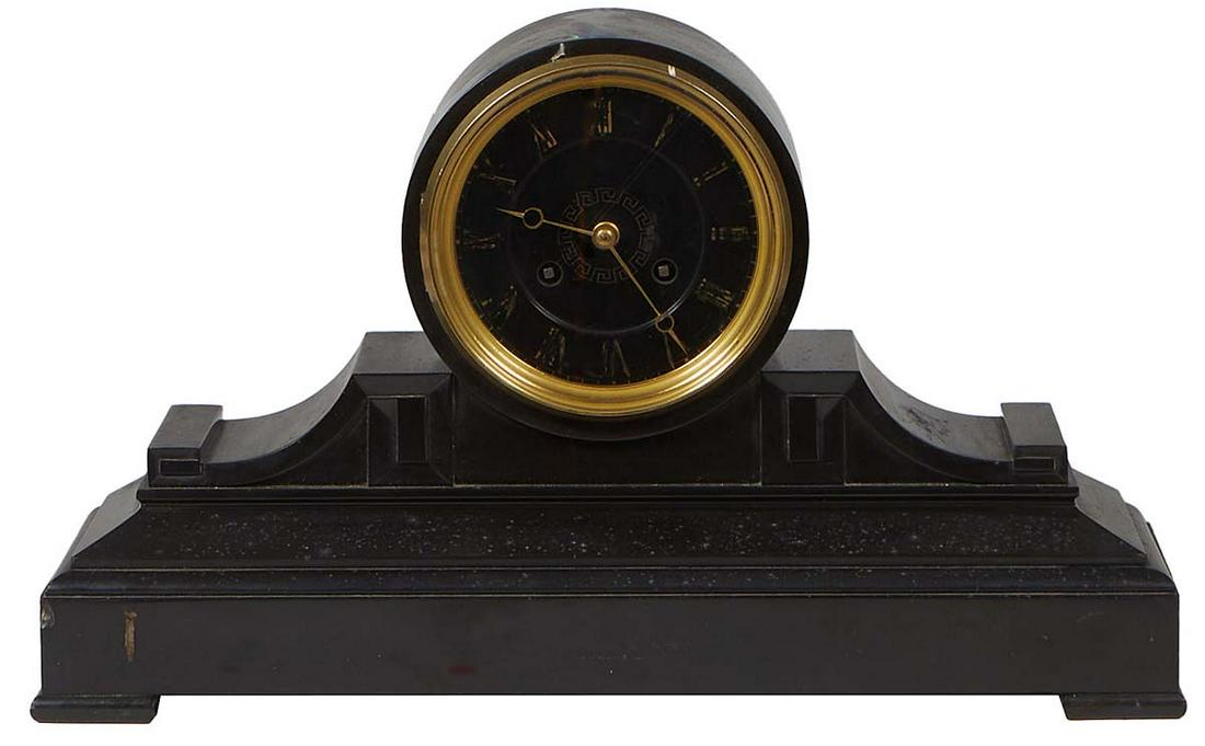 French Black Marble Napoleon Hat Mantel Clock, 19th c., by Japy Freres, the black and gilt incised (1 of 1)