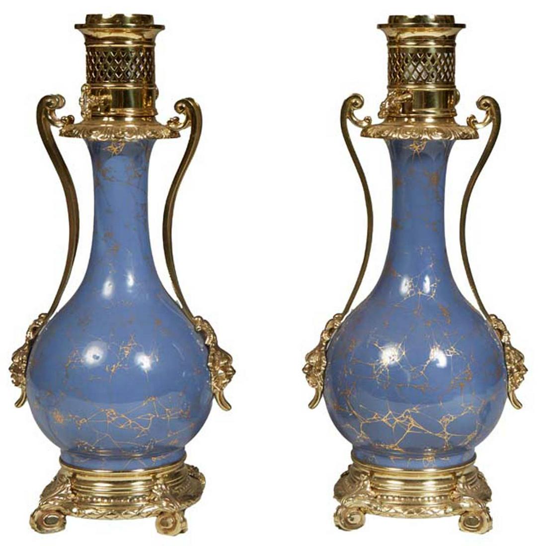 Pair of French Porcelain, Bronze and Glass Moderator Lamps, mid-19th c., the mazarin blue bottle (1 of 2)