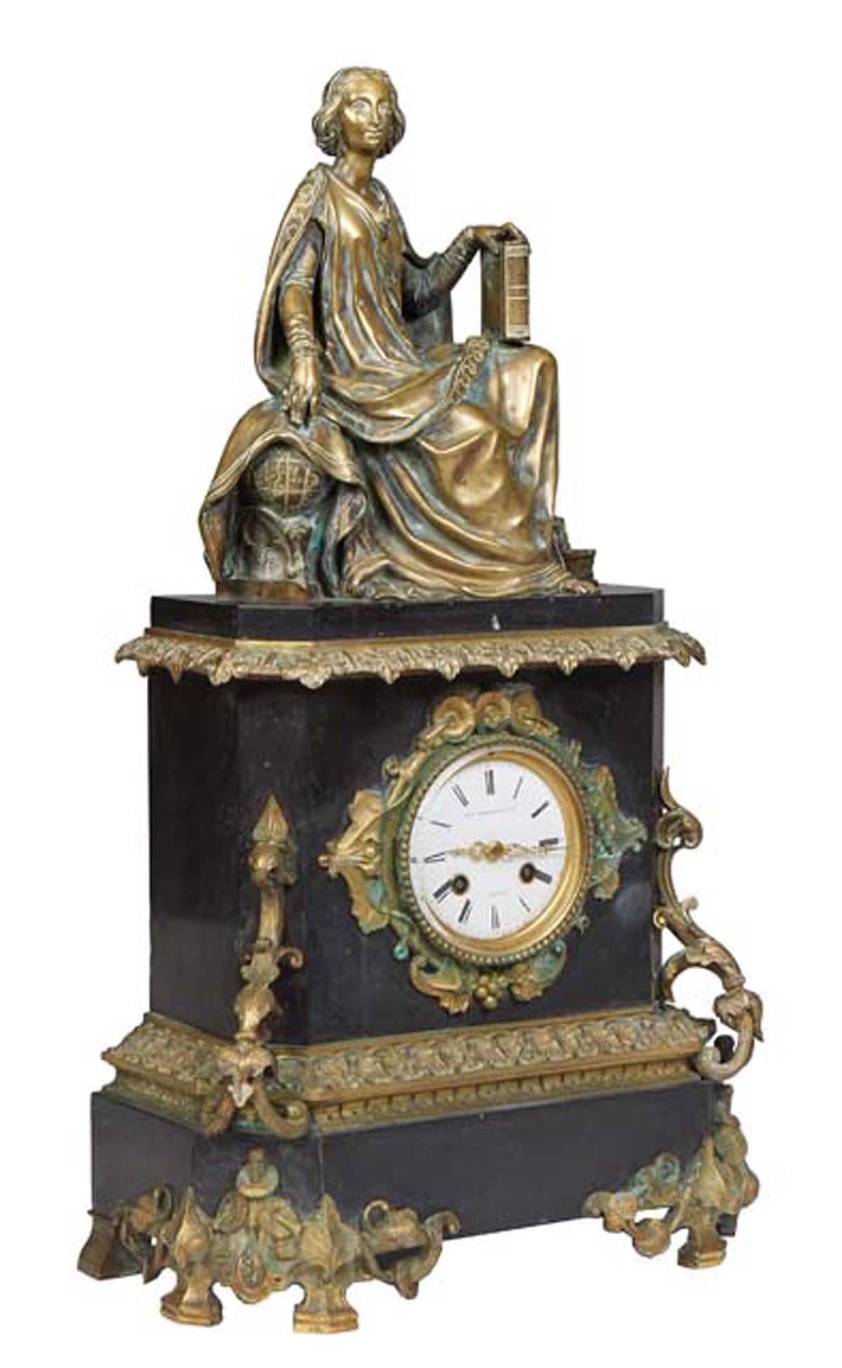 French Bronze and Marble Mantel Clock, late 19th c., with a gilt bronze seated figure of "knowledge" (1 of 2)