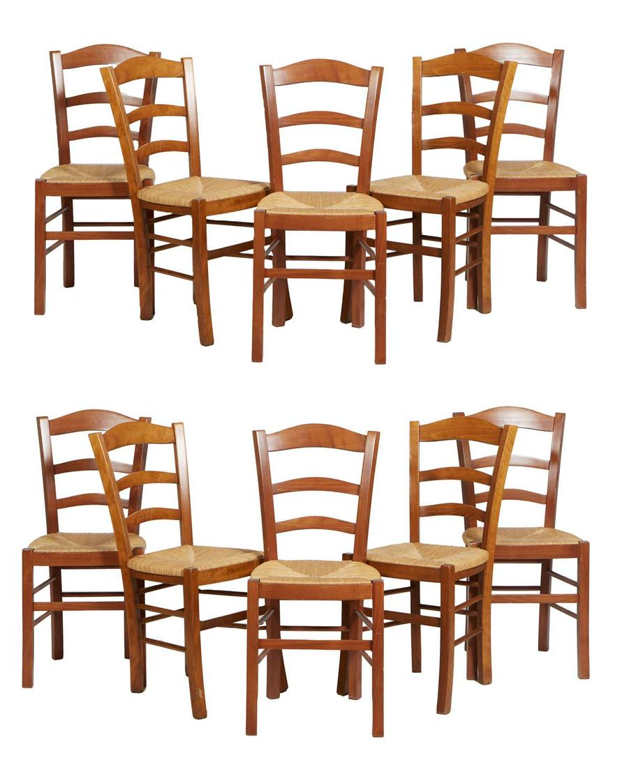 Set of Ten French Provincial Carved Beech Rushseat Dining Chairs, 20th c., the canted curved (1 of 3)