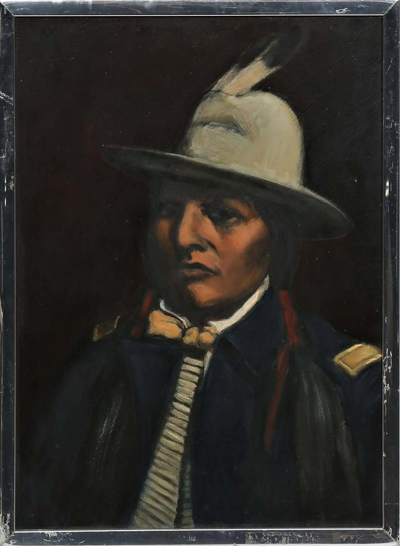American School, "Native American," 1973, oil on panel, monogrammed and dated upper left, presented (1 of 4)