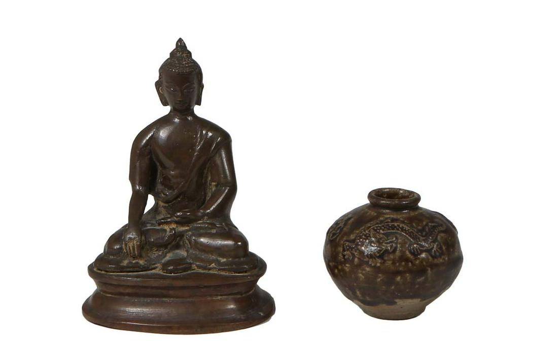 Two Oriental Pieces, late 19th c., consisting of a small brown ceramic vase with relief dragon (1 of 11)