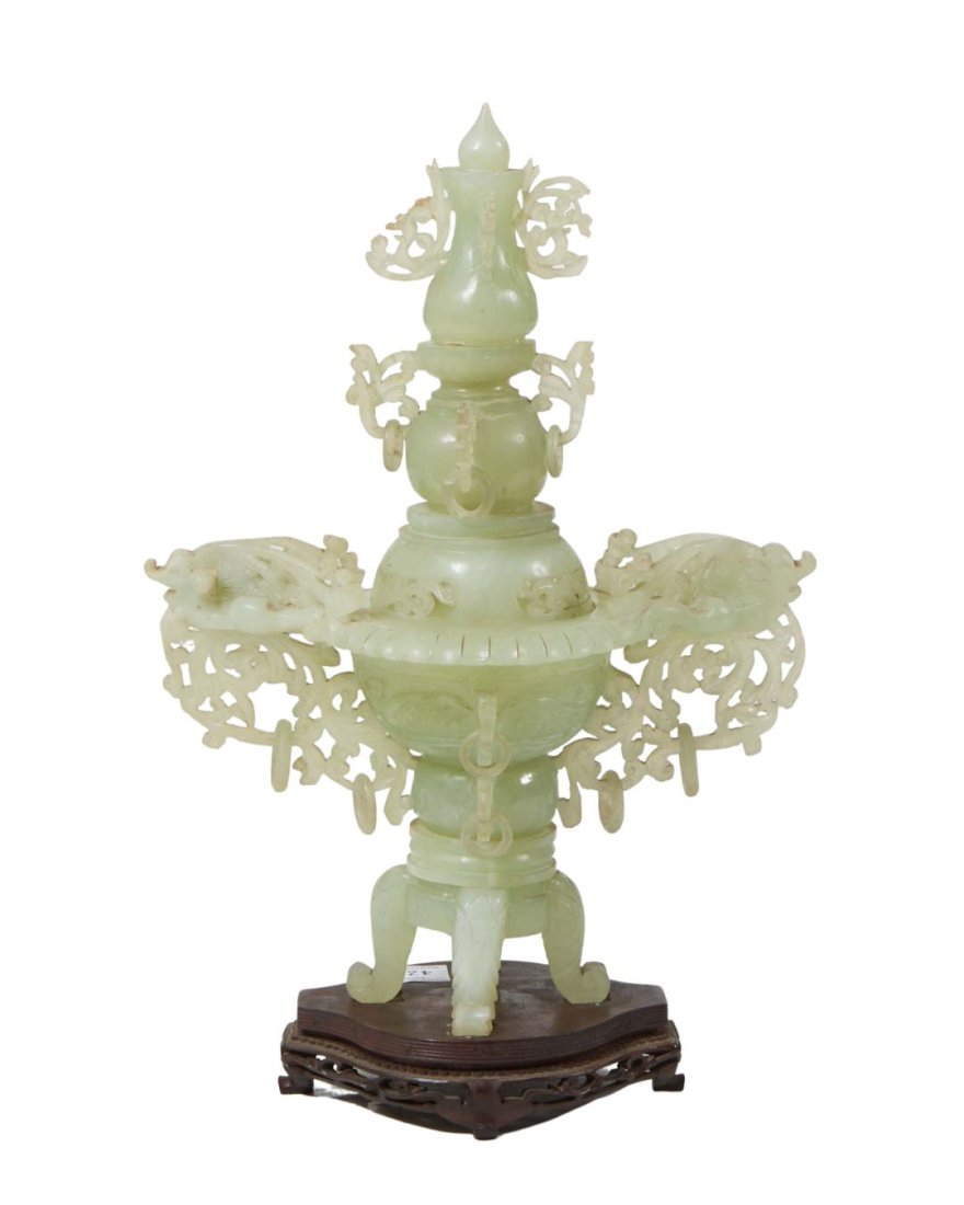 Chinese Carved Jade Covered Censer, 20th c., with a peaked lid over elaborately carved winged dragon (1 of 1)