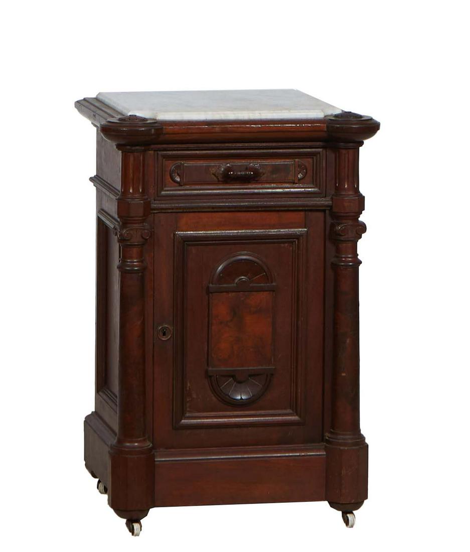 American Victorian Carved Walnut Marble Top Nightstand, 19th c., the inset figured white ogee edge (1 of 1)