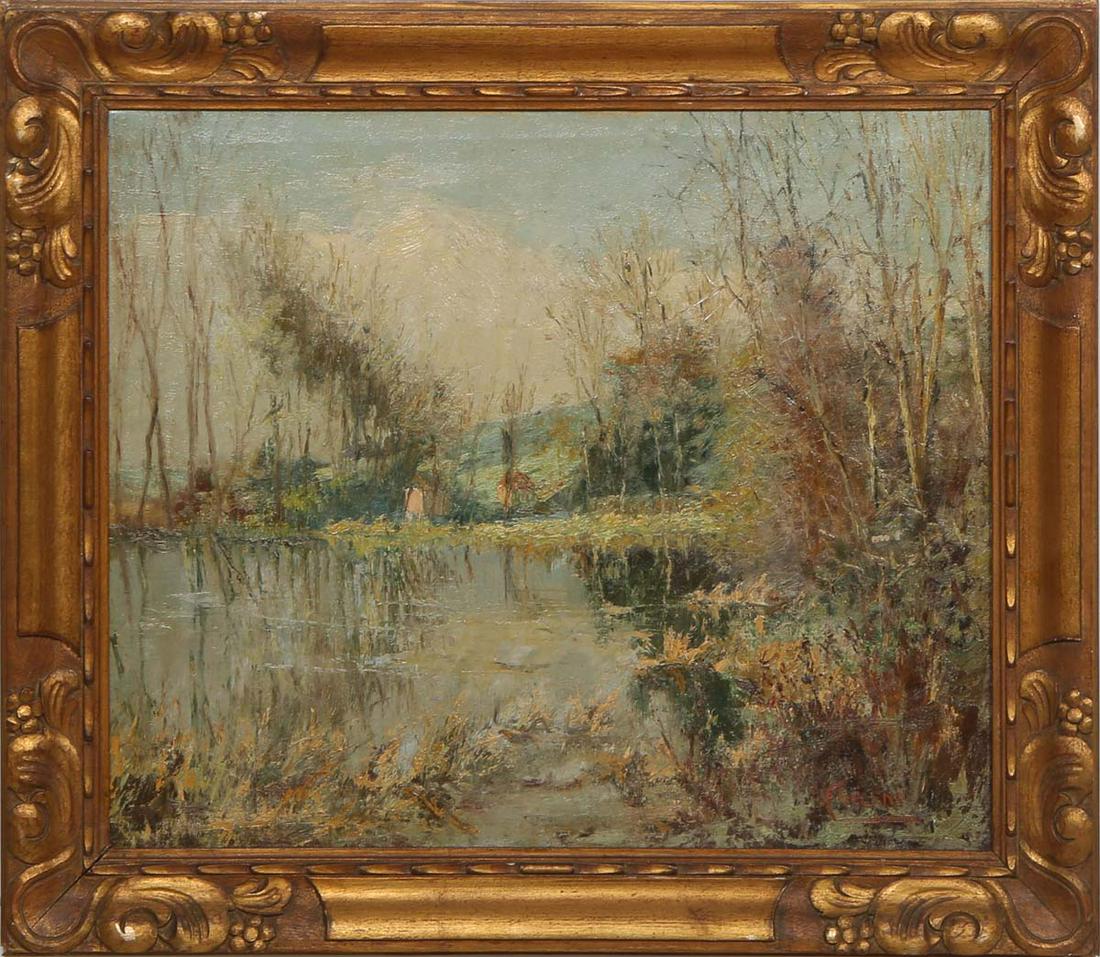 Alexandre Tielens (Belgium, 1868-1959), "Countryside View with Lake," c. 1927, oil on canvas, signed (1 of 5)