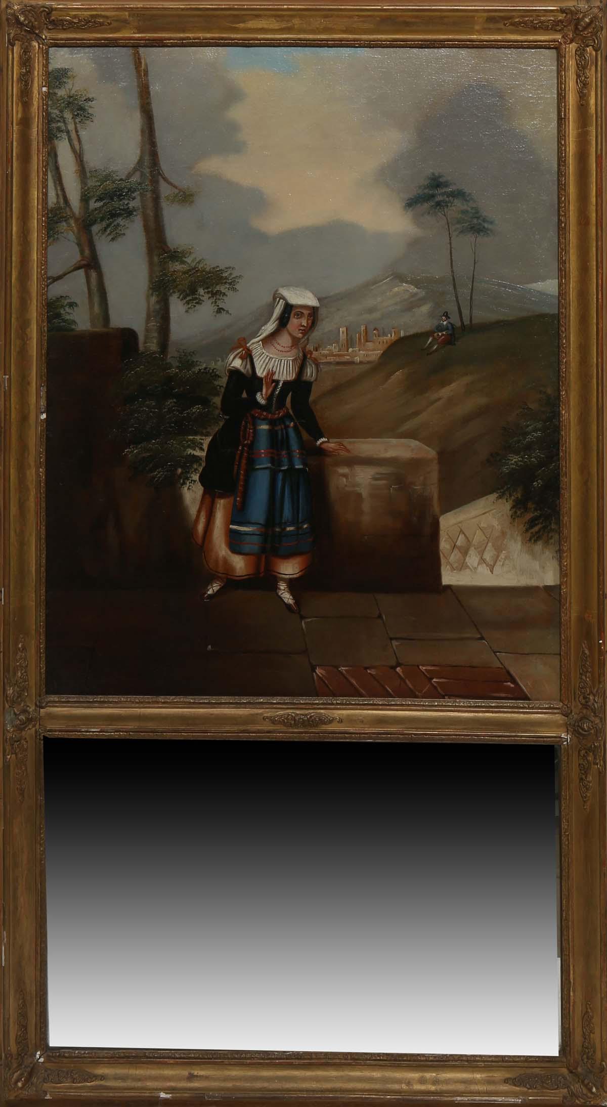 Continental Trumeau Mirror, mid 19th c., the gilt and gesso frame with relief scrollwork and flowers (1 of 1)