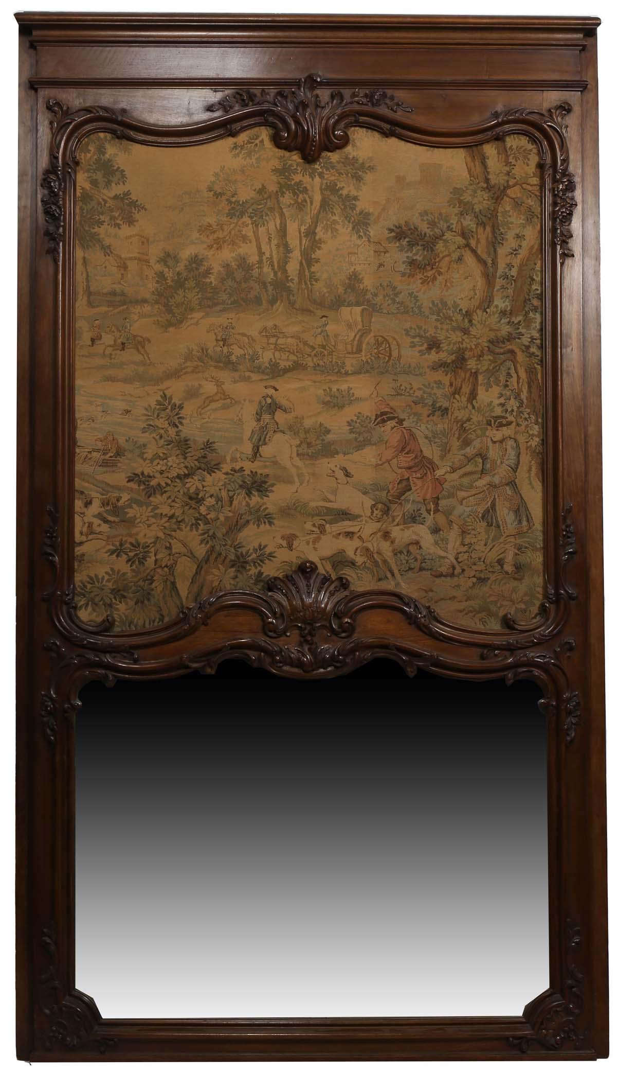 Large French Carved Walnut Trumeau Mirror, early 20th c., the upper tablet set with a tapestry of (1 of 1)