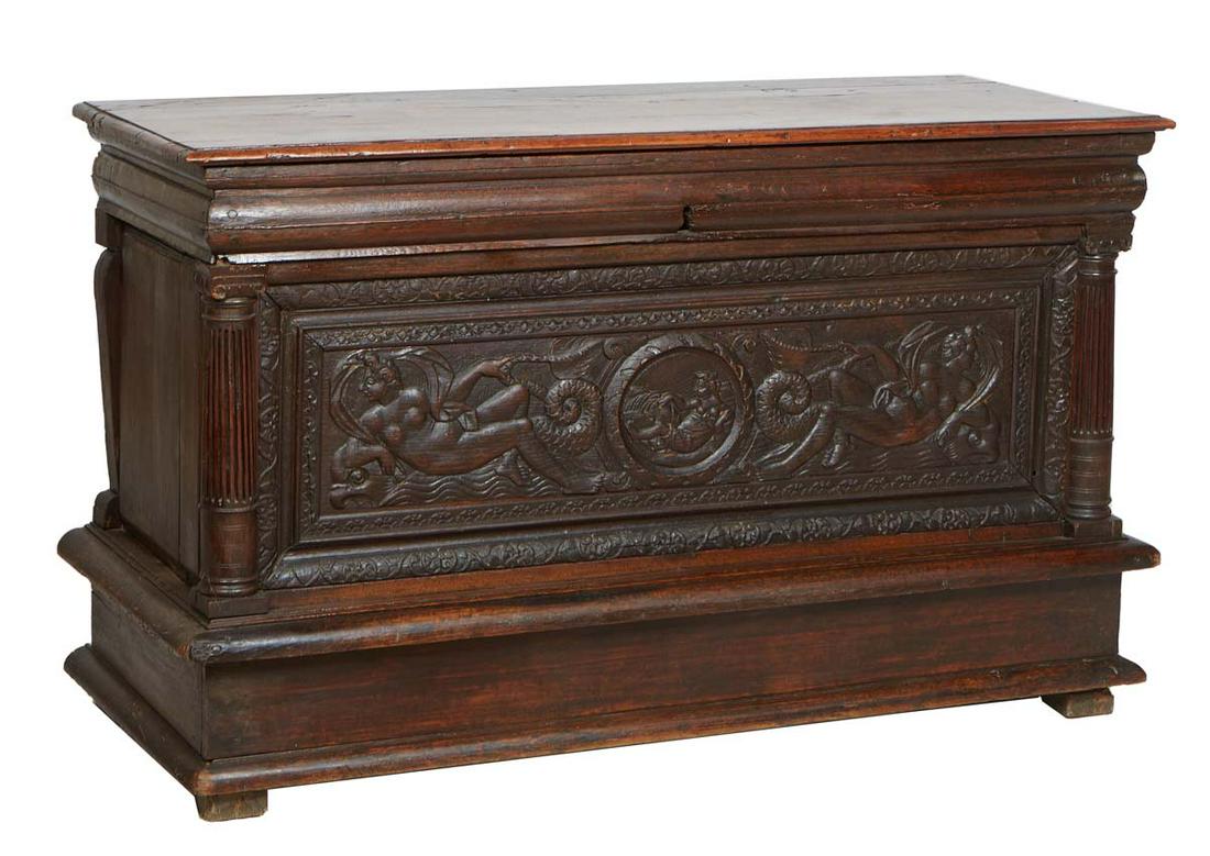 French Provincial Renaissance Style Carved Oak Coffer, 19th c., the lifting top over a setback (1 of 2)