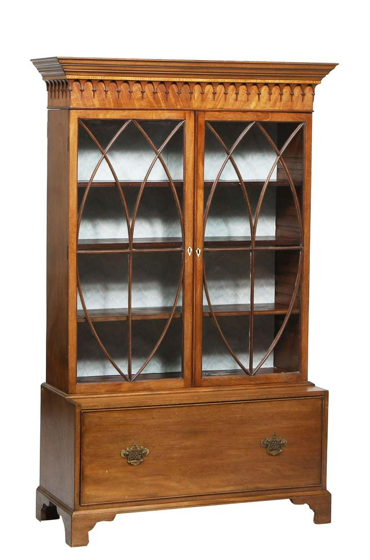 English Carved Mahogany Bookcase, early 20th c., the stepped crown over an applied relief frieze, (1 of 1)