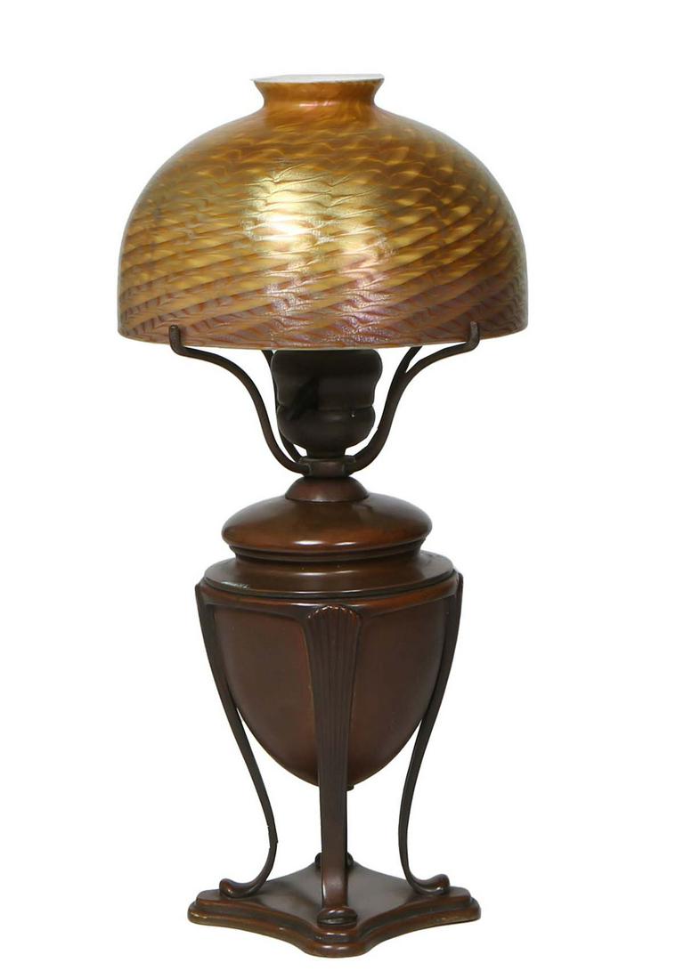 Tiffany Studios Bronze and Favrile Glass Lamp, c. 1910, the shade engraved L.C.T. Favrile, the base (1 of 4)
