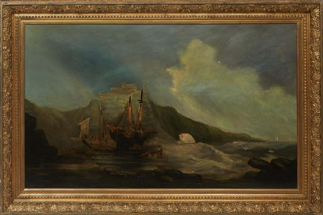 Continental School, "Shipwreck Beach," 19th c., oil on canvas, unsigned, presented in a gilt and: Continental School, "Shipwreck Beach," 19th c., oil on canvas, unsigned, presented in a gilt and gesso frame, H.- 23 7/8 in., W.- 39 1/4 in., Framed H.- 31 1/2 in., W.- 46 5/8 in.
