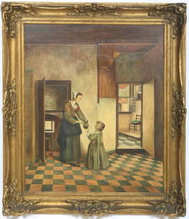 After Pieter de Hooch (Dutch, 1629-1684), "Dutch Interior Scene," 20th c., oil on canvas, signed: After Pieter de Hooch (Dutch, 1629-1684), "Dutch Interior Scene," 20th c., oil on canvas, signed Eug. Magon lower right, presented in a gilt and gesso frame, H.- 28 3/4 in., W.- 23 in., Framed H.- 36