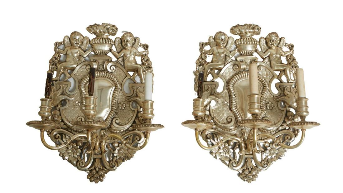 E.F. Caldwell (1851-1914), Unusual Pair of Large Louis XVI Style Bronze Three Light Wall Sconces, 20 (1 of 2)