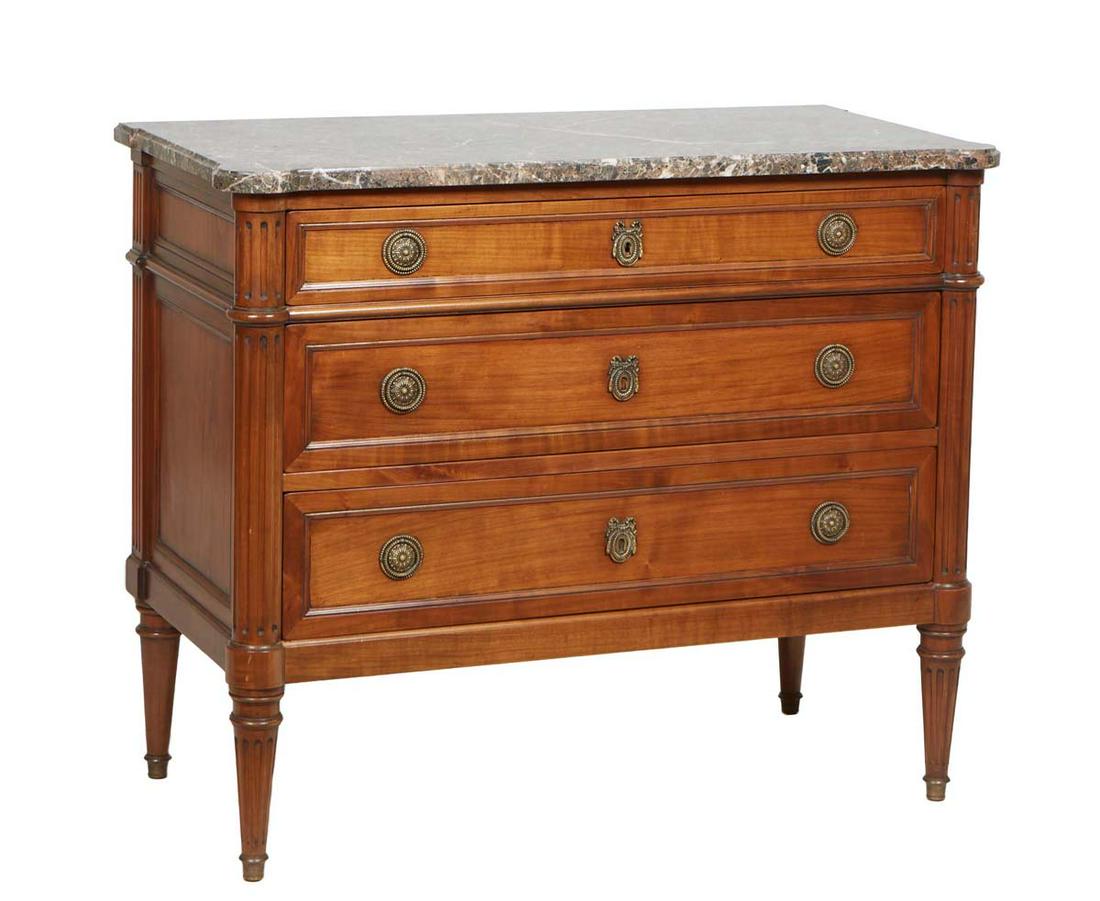 French Louis XVI Style Carved Walnut Marble Top Commode, 20th c., the ogee edge highly figured (1 of 8)