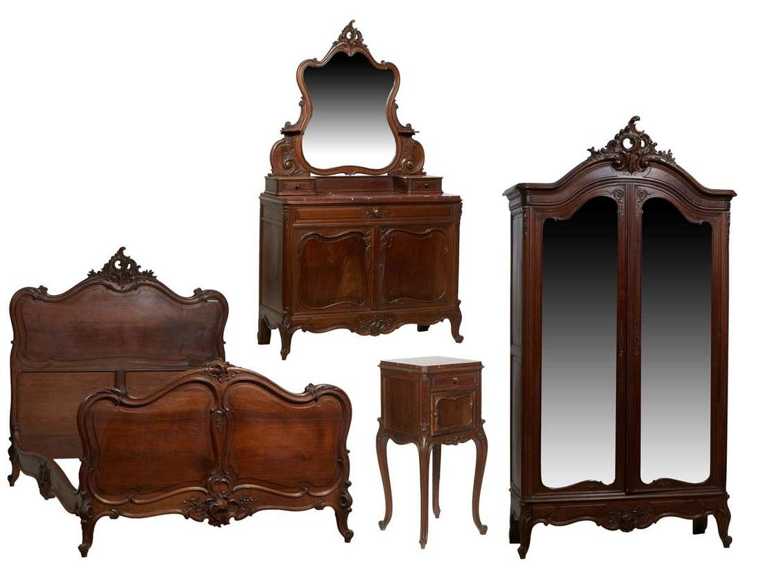 French Louis XV Style Carved Walnut Four Piece Bedroom Suite, late 19th c., with elaborate pierced (1 of 5)