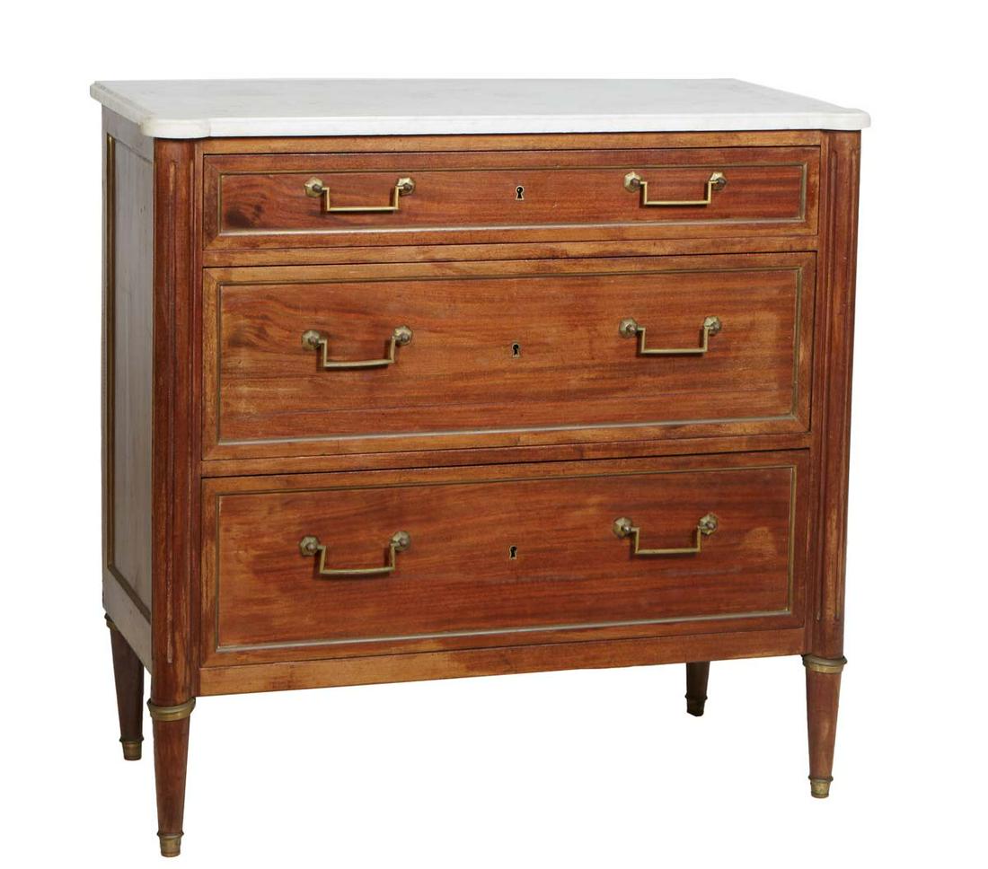 French Louis XVI Style Carved Walnut Marble Top Commode, early 20th c., the ogee edge cookie corner (1 of 1)