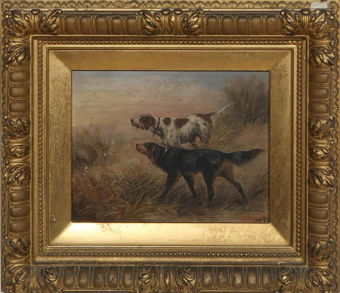 "The Gordon Setter and German Pointer on a Hunt," oil on panel, signed indistinctly lower right, (1 of 5)