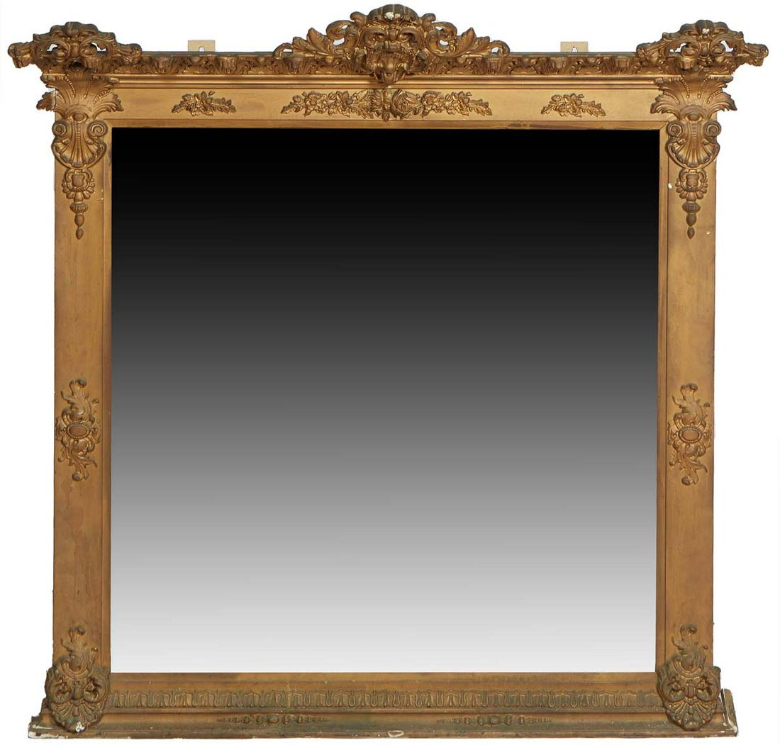 American Gilt and Gesso Over Mantel Mirror, c. 1880, possibly New Orleans, the arched floral crest (1 of 5)