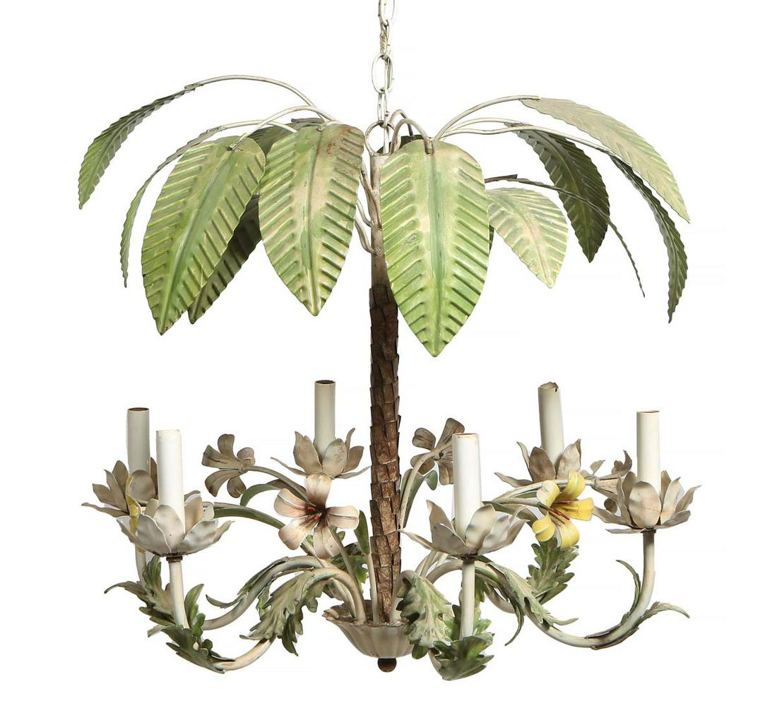 Vintage tole painted six-light chandelier of palm tree form, 20th c., the palm tree standard issuing (1 of 1)