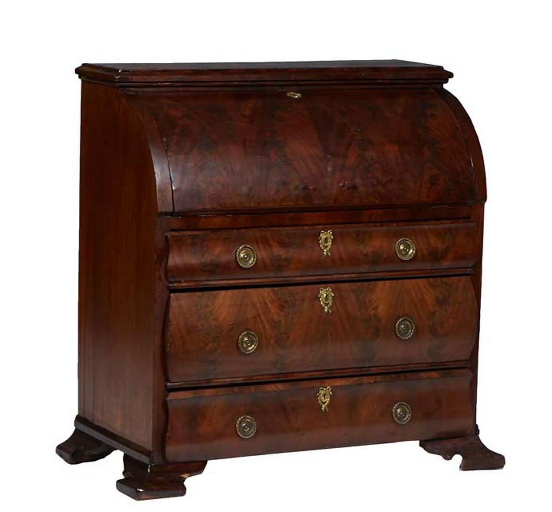Continental Carved Mahogany Faux Cylinder Top Secretary, 19th c., the stepped rectangular top over a (1 of 2)