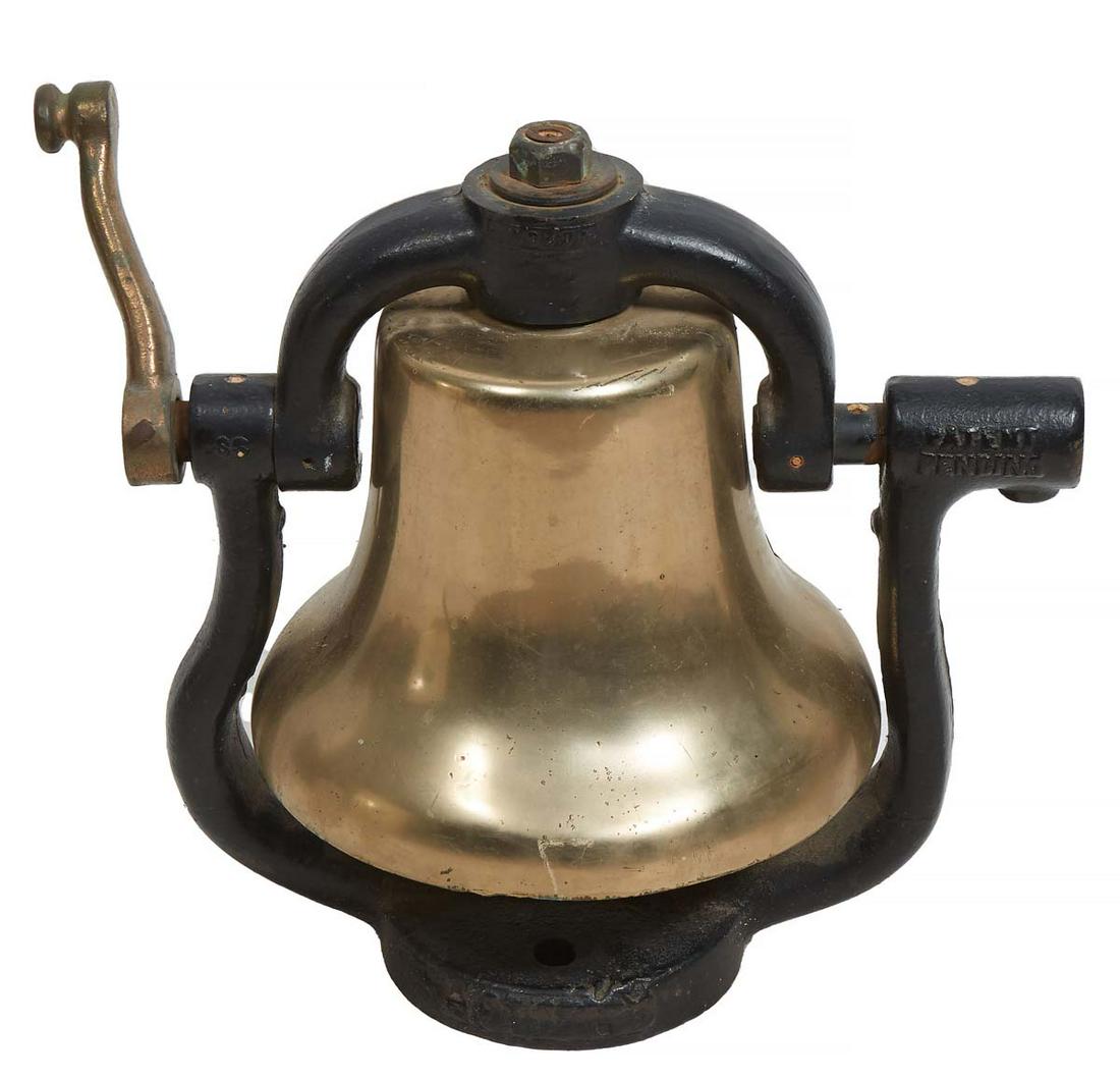 Large Brass and Iron Train Bell, 20th c., the iron yoke marked patent pending, H.- 16 3/4 in. (1 of 1)