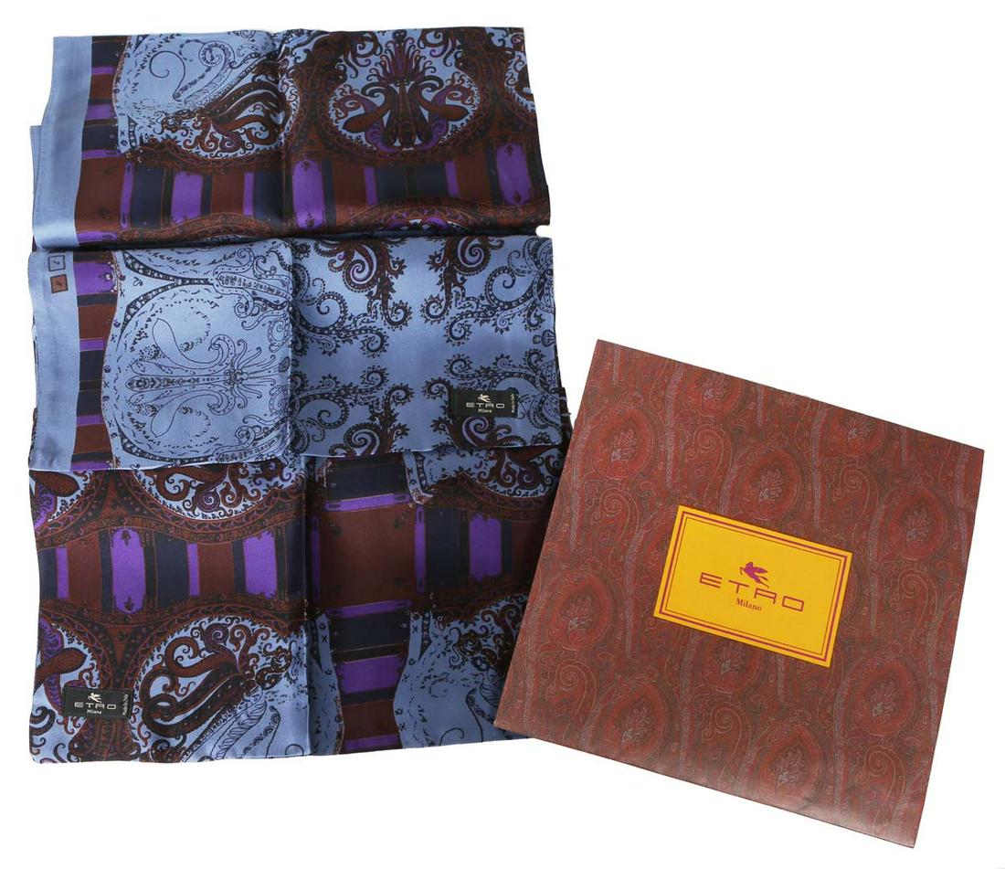 Italian Silk Scarf by Etro, Milan in blue, purple and reds with original box. L.- 68 in. W.- 13 1/2: Italian Silk Scarf by Etro, Milan in blue, purple and reds with original box. L.- 68 in. W.- 13 1/2 in.