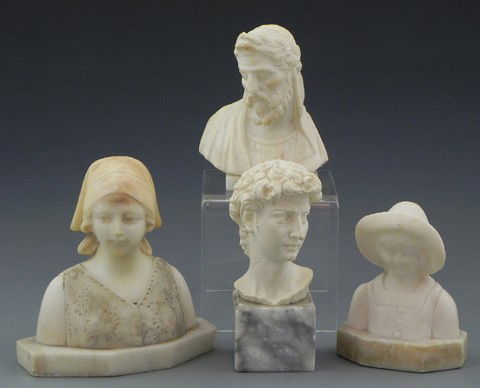 Group of Four Small Alabaster Busts, c. 1900- an It: Group of Four Small Alabaster Busts, c. 1900- an Italian peasant woman with a scarf, an Austrian girl with a hat, Jesus, and a classical head. (4 Pcs.)