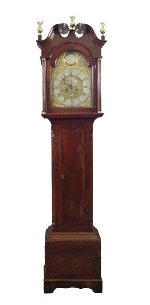 Scottish George III Brass-Mounted Mahogany Tallcase: Scottish George III Brass-Mounted Mahogany Tallcase Clock, ca. 1800, the face with the plate "Matt Wylie Paisley 282", with hour, second and date dials, the broken arch pediment cornice over the face 