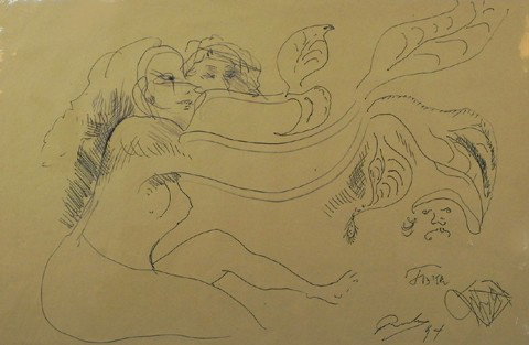 Noel Rockmore (1928-1995), "Lizard Woman," 1994, g: Noel Rockmore (1928-1995), "Lizard Woman," 1994, graphite and watercolor, signed and dated l.r., shrink wrapped, H.- 12 in., W.- 18 in.