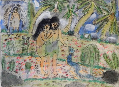M. C."5 Cent" Jones (1918-2003), "Adam and Eve in : M. C."5 Cent" Jones (1918-2003), "Adam and Eve in the Garden of Eden," 20th c., ink and watercolor on paper, signed u.l., matted, unframed, H.- 9 1/2 in., W.- 12 1/2 in.