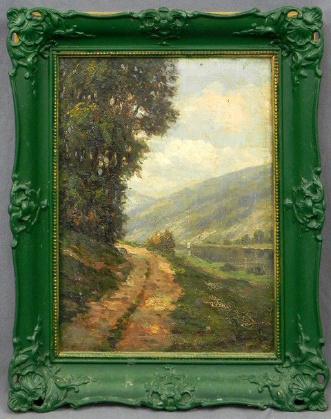 Continental School, "Path Along the Lake," 19th c.: Continental School, "Path Along the Lake," 19th c., oil on canvas, signed indistinctly l.r., presented in a period gesso frame, now painted green, H.- 15 1/4 in., W.- 11 1/4 in.