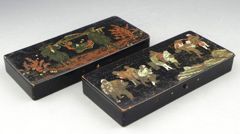 Two Black Lacquer Papier Mache Desk Boxes, 19th c.: Two Black Lacquer Papier Mache Desk Boxes, 19th c., with compartmented interiors, the lids with painted figural decoration, H.- 1 3/16 in., W.- 8 5/8 in., D.- 4 in.